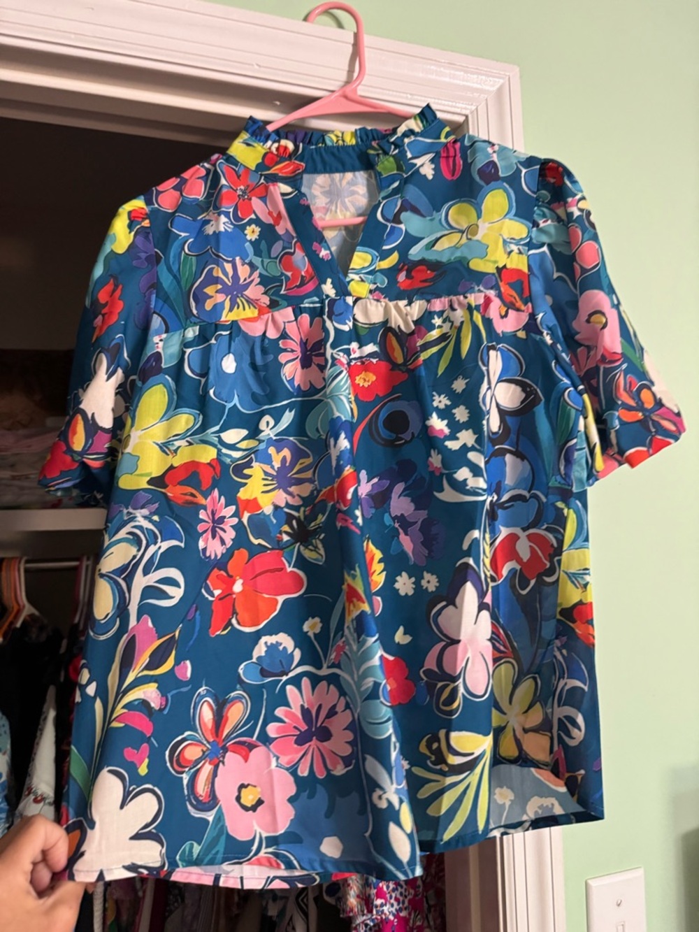 Vibrant Blue Floral V-Neck Blouse
